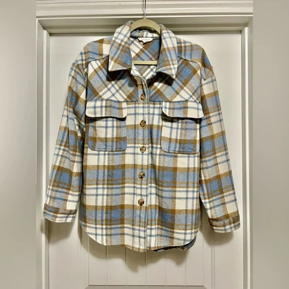 La Hearts Blue and Tan Plaid Utility Jacket Confy Cozy Cabincore Shacket - Picture 2 of 7